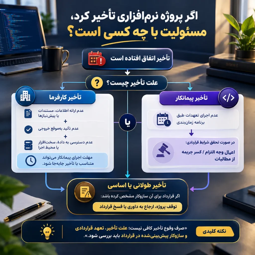 اینفوگرافیک مسئولیت تأخیر در اجرای قرارداد خدمات نرم‌افزاری