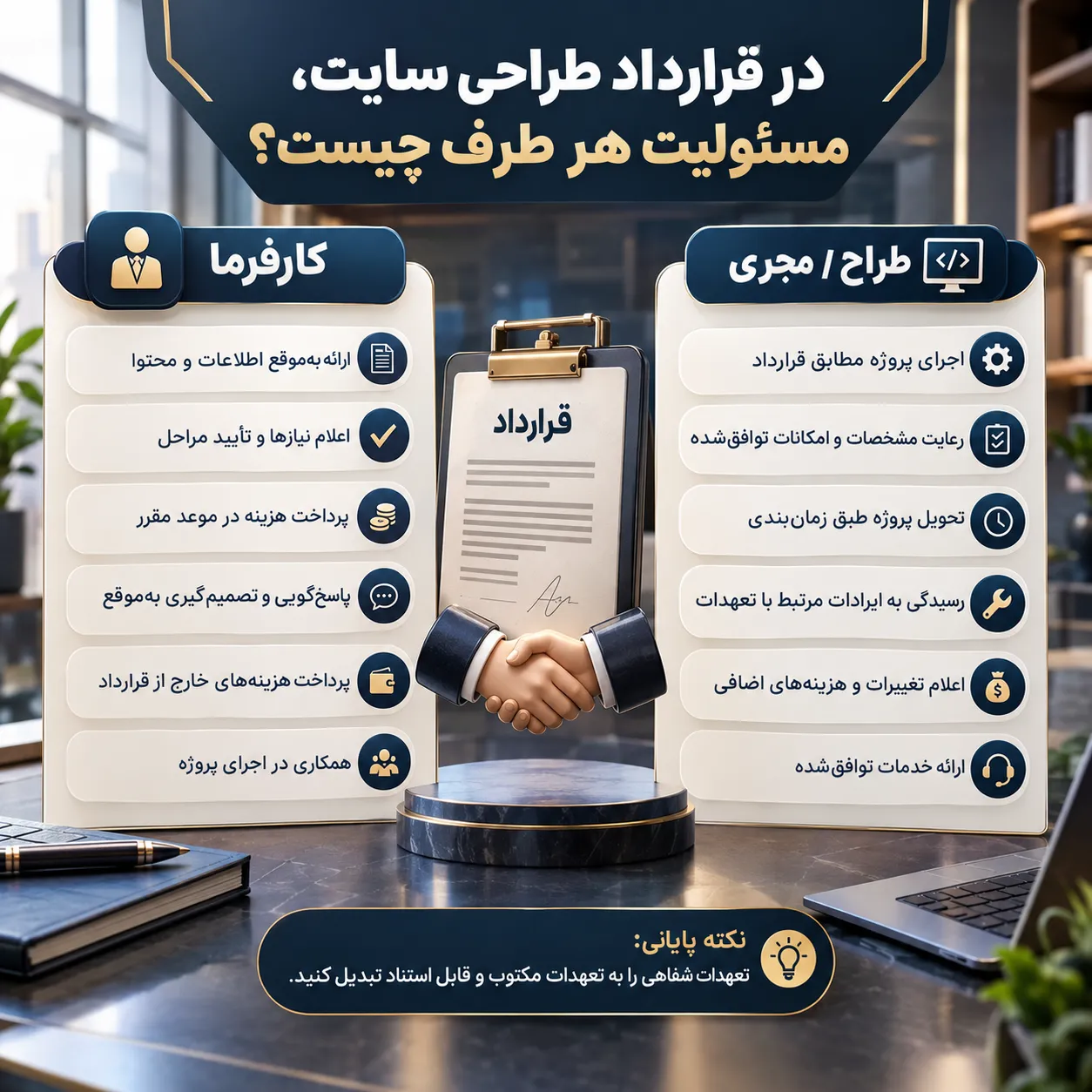 اینفوگرافیک قرارداد طراحی وب سایت؛ نگاهی سریع به بخش‌های اصلی و نکات کلیدی قبل از امضا