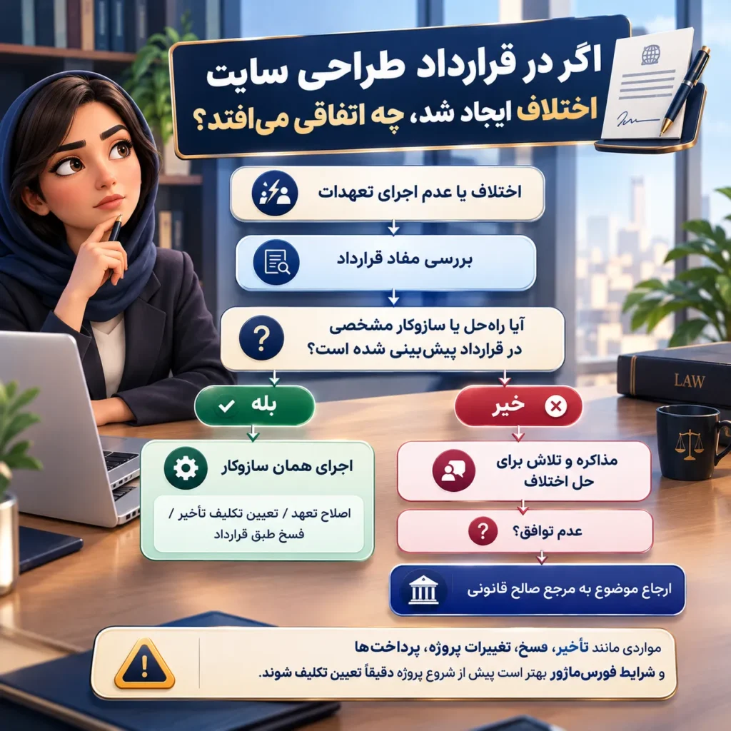 چارت حل اختلاف یا شکایت در قرارداد طراحی وب سایت اینفوگرافیک قرارداد طراحی وب سایت؛ بررسی تعهدات، شرایط پرداخت و نکات حقوقی مهم