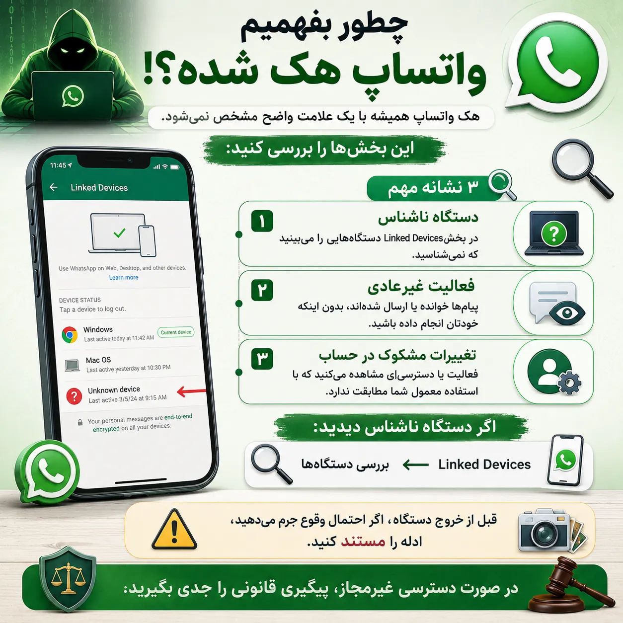 چگونه بفهمیم واتساپ هک شده است؛ بررسی دستگاه‌های متصل در Linked Devices بررسی هک شدن اکانت واتساپ