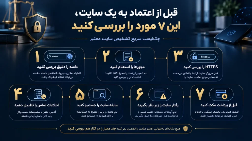 اینفوگرافیک ۷ روش تشخیص اعتبار سایت معتبر و جعلی شامل بررسی دامنه، نماد اعتماد، HTTPS، اطلاعات تماس، سابقه سایت و نشانه‌های مشکوک