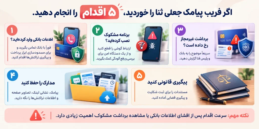 اینفوگرافیک پیامک جعلی ثنا درباره ۵ اقدام ضروری پس از کلیک روی لینک کلاهبرداری، شامل تماس با بانک، بررسی بدافزار، گزارش برداشت غیرمجاز، حفظ مدارک و پیگیری قانونی.