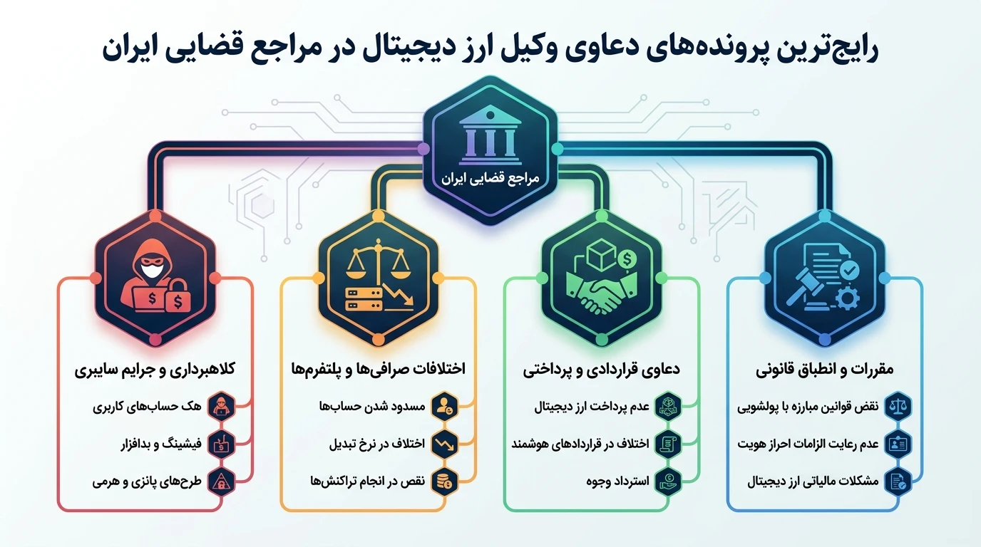 رایج‌ترین پرونده‌های دعاوی وکیل ارز دیجیتال در مراجع قضایی ایران​