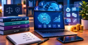 تصویر مفهومی مانی میکر و آموزش کسب درآمد با هوش مصنوعی در فضای کسبوکار آنلاین