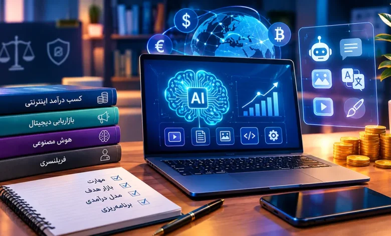 تصویر مفهومی مانی میکر و آموزش کسب درآمد با هوش مصنوعی در فضای کسب‌وکار آنلاین