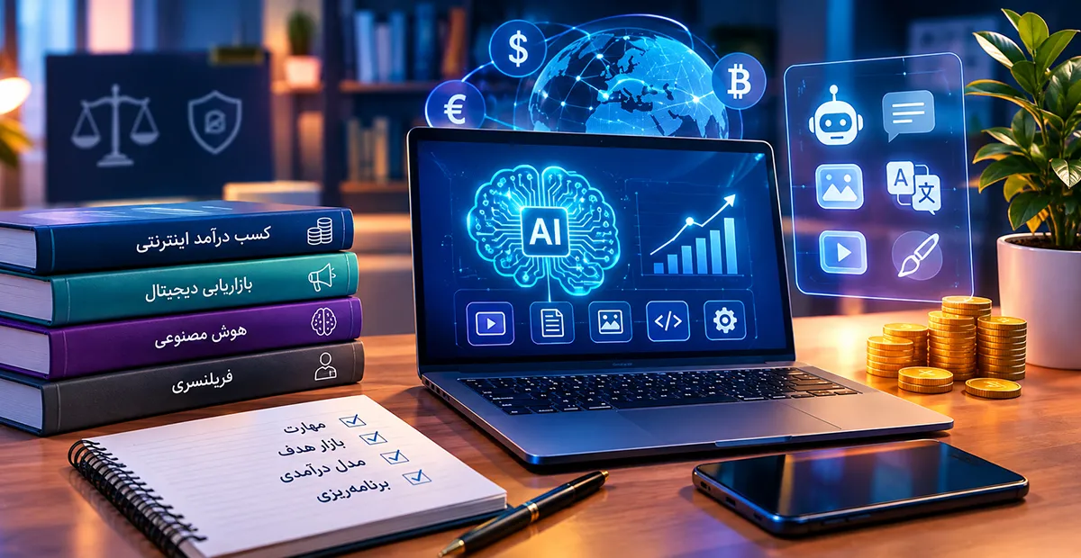 تصویر مفهومی مانی میکر و آموزش کسب درآمد با هوش مصنوعی در فضای کسب‌وکار آنلاین